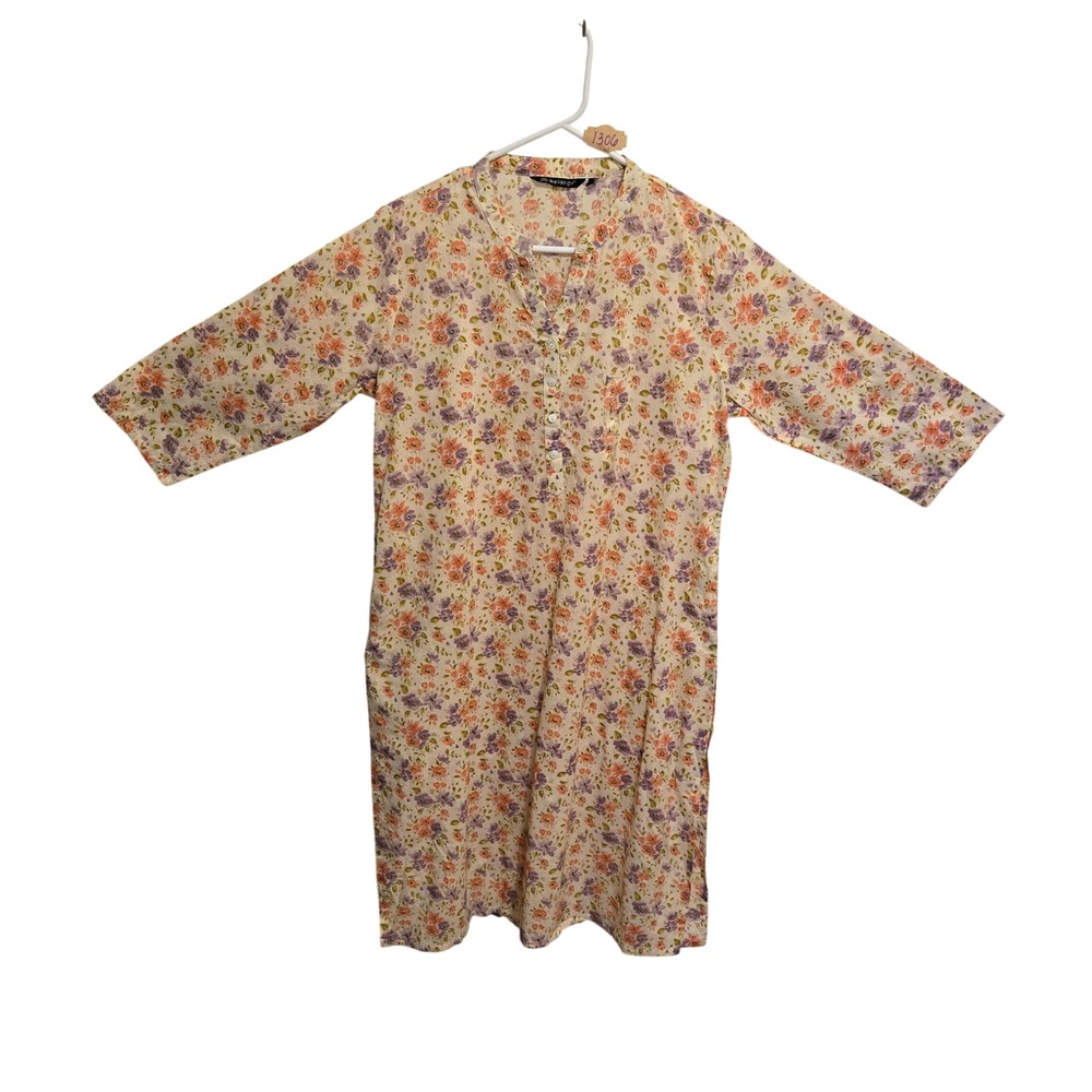 Melange Floral Tunic Top Womens L 3/4 Sleeve Mandarin Collar Button Front Pocket